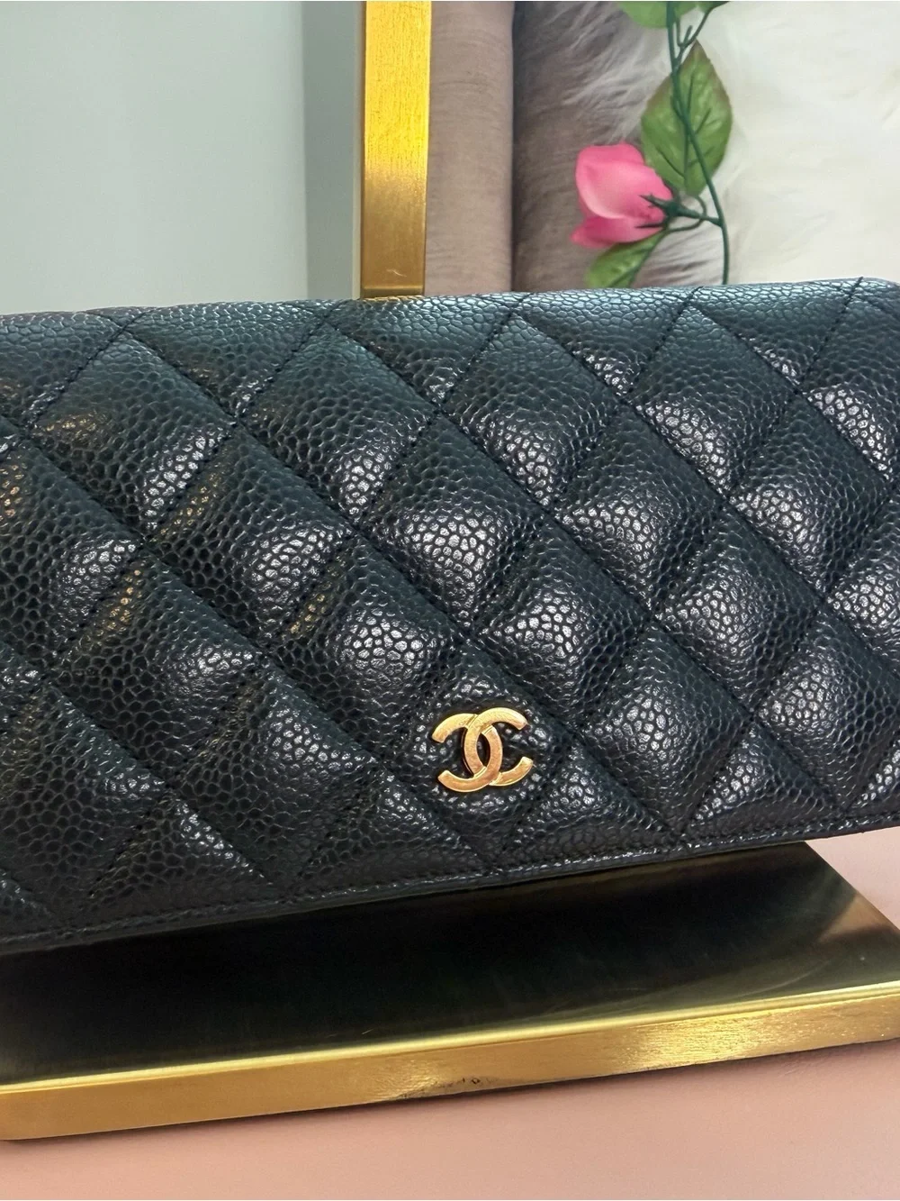 Chanel Classic Long Flap Wallet Black Caviar Gold Hardware Bifold 19 Series